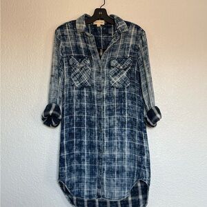 Cloth & Stone Blue Plaid Long Sleeve Dress